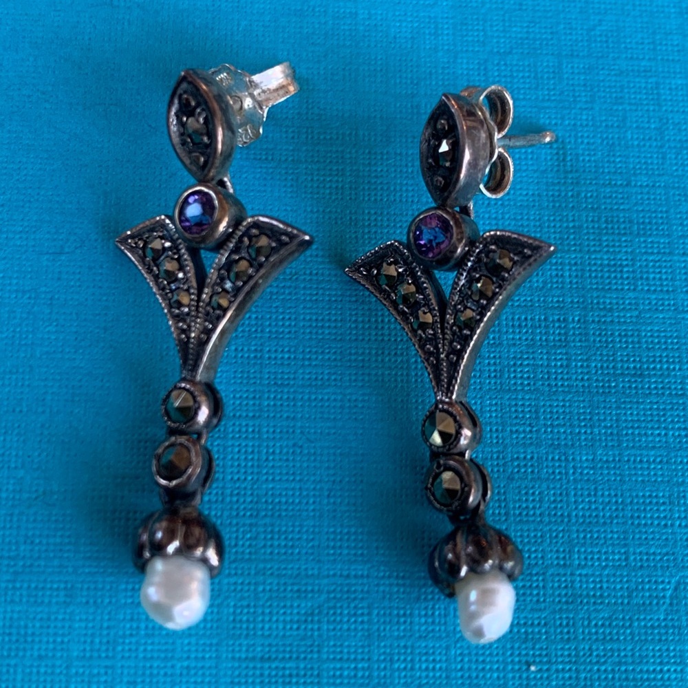 VNTG Victorian inspired drop amethyst , silver , marcasite, fresh water Pearl